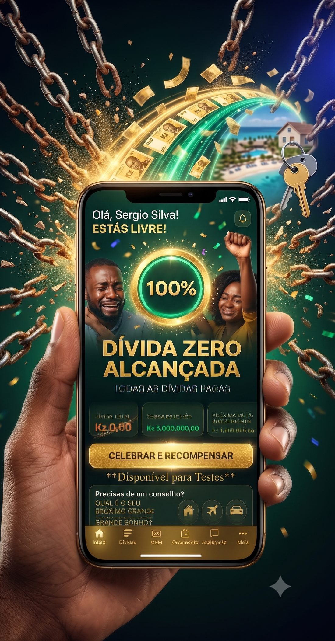 Dívida zero alcançada — ecrã de celebração do Caminho Livre com 100% das dívidas pagas